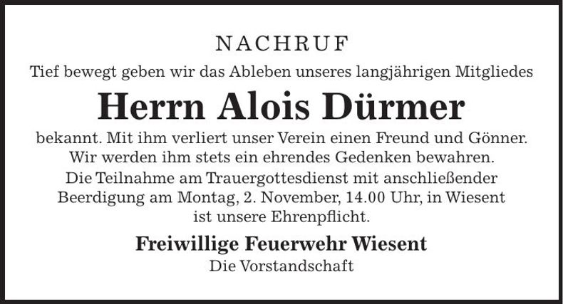 Traueranzeige Alois Dürmer