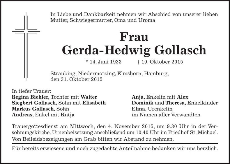 Traueranzeige Gerda-Hedwig Gollasch