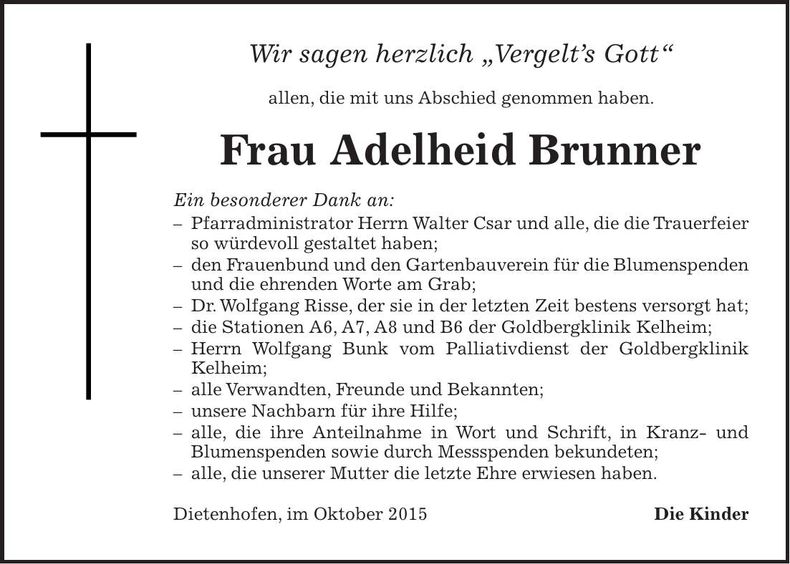 Traueranzeige Adelheid Brunner