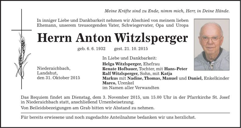 Traueranzeige Anton Witzlsperger