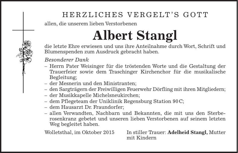 Traueranzeige Albert Stangl