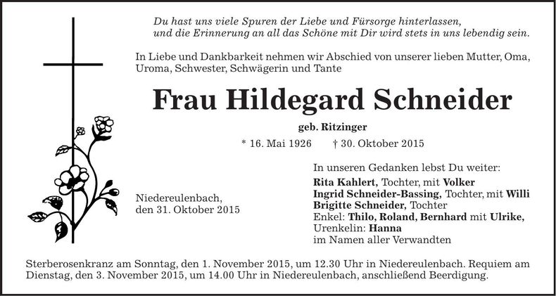 Traueranzeige Hildegard Schneider