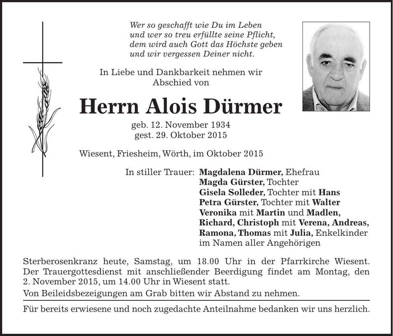 Traueranzeige Alois Dürmer