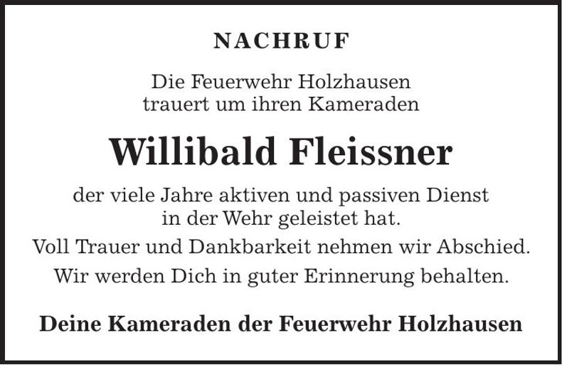 Traueranzeige Willibald Fleissner