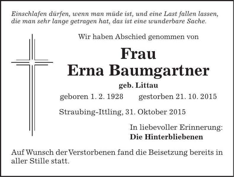 Traueranzeige Erna Baumgartner