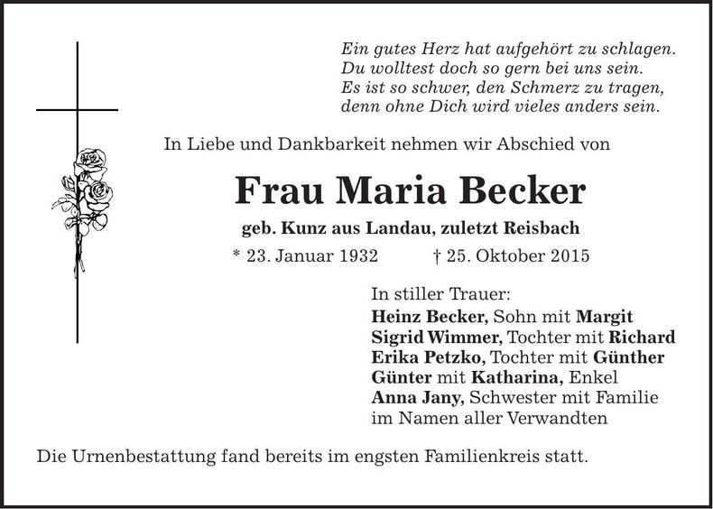 Traueranzeige Maria Becker