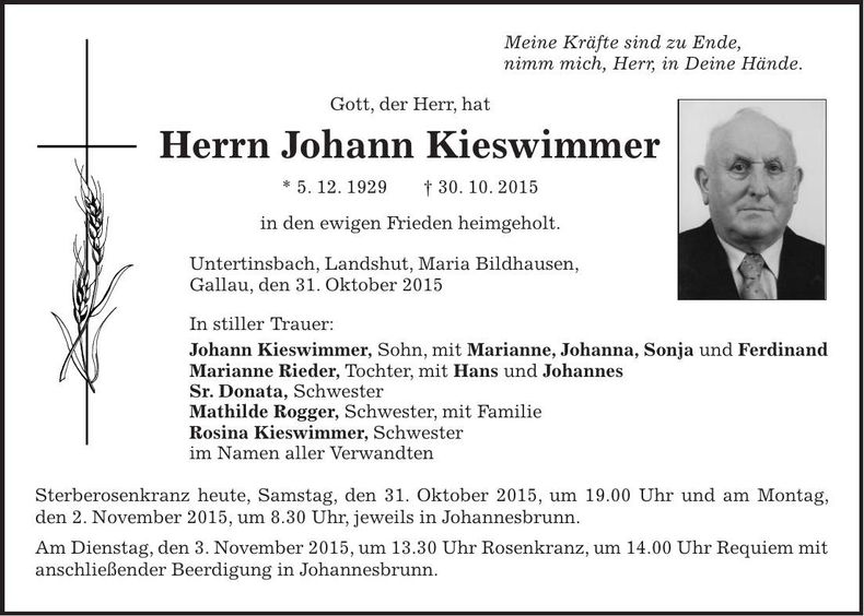 Traueranzeige Johann Kieswimmer