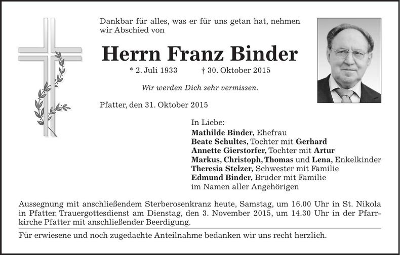 Traueranzeige Franz Binder