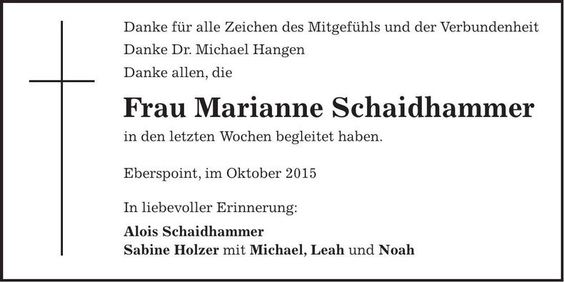 Traueranzeige Marianne Schaidhammer