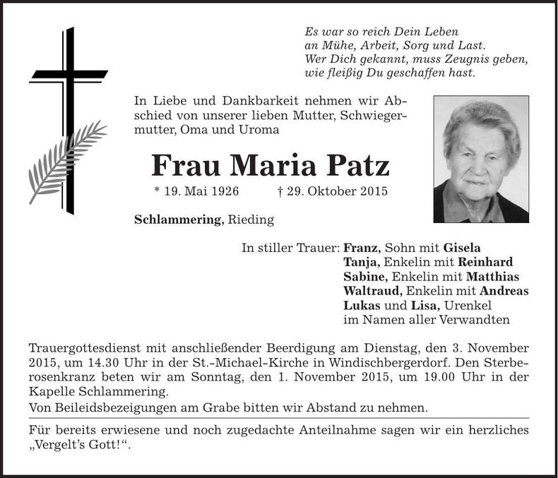 Traueranzeige Maria Patz
