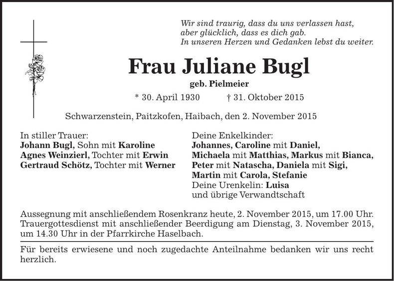 Traueranzeige Juliane Bugl