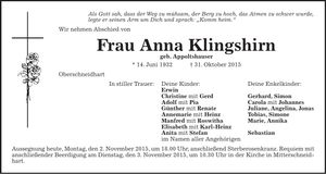 Traueranzeige Anna Klingshirn