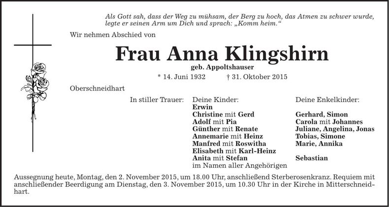 Traueranzeige Anna Klingshirn