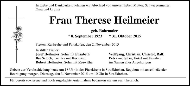 Traueranzeige Therese Heilmeier