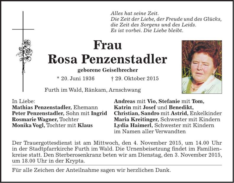 Traueranzeige Rosa Penzenstadler