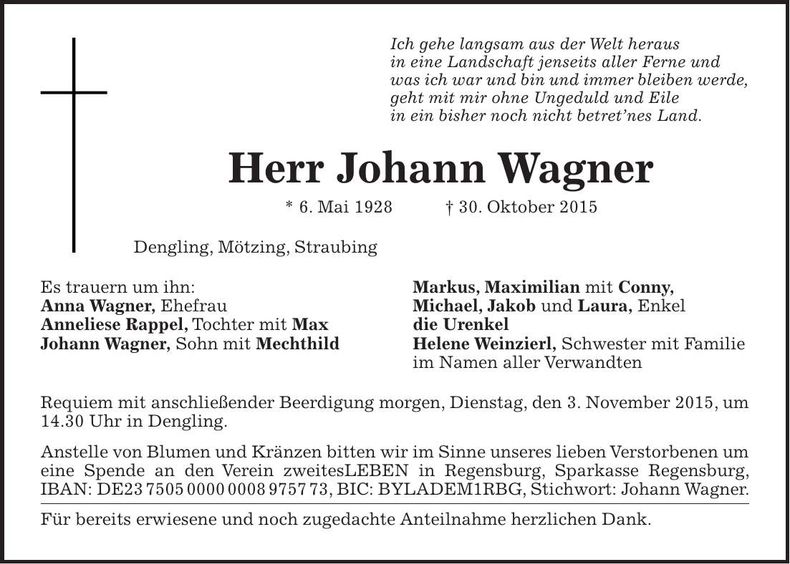 Traueranzeige Johann Wagner