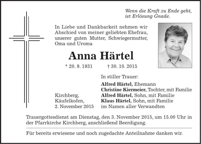 Traueranzeige Anna Härtel