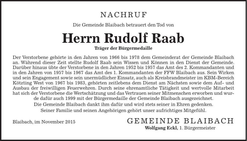 Traueranzeige Rudolf Raab
