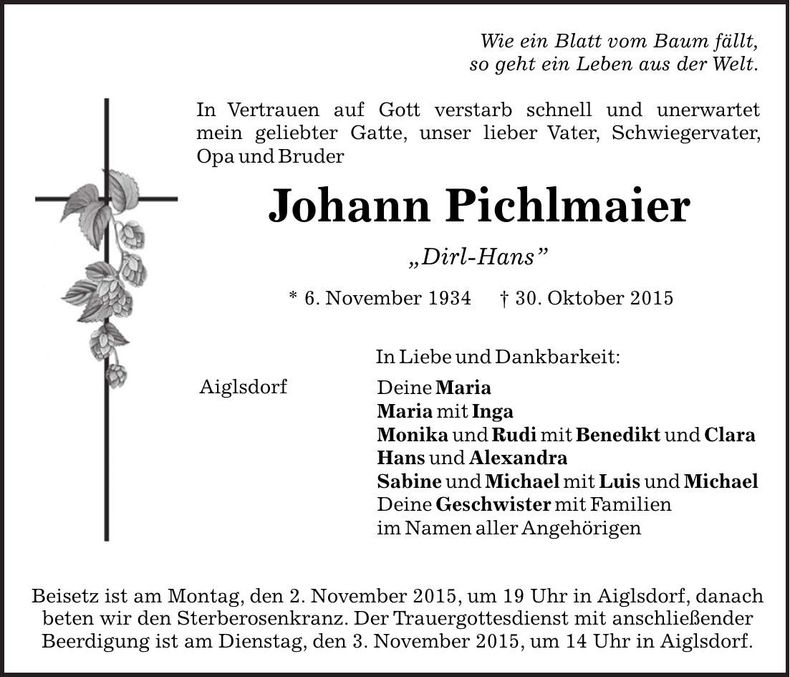 Traueranzeige Johann Pichlmaier