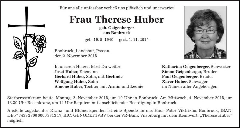 Traueranzeige Therese Huber