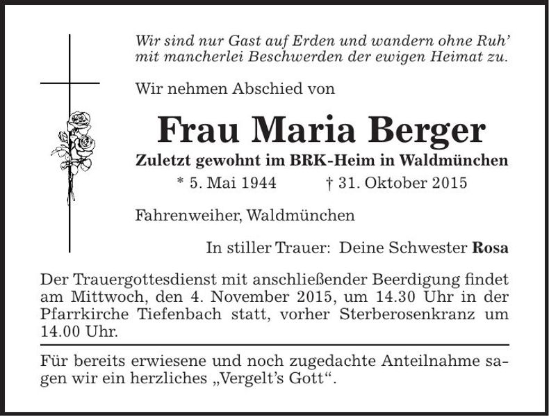 Traueranzeige Maria Berger