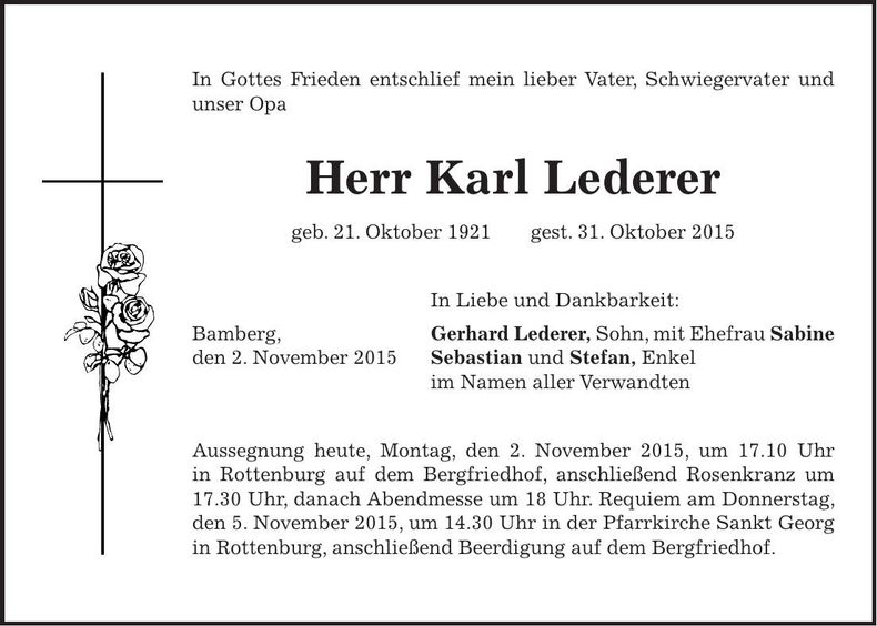 Traueranzeige Karl Lederer
