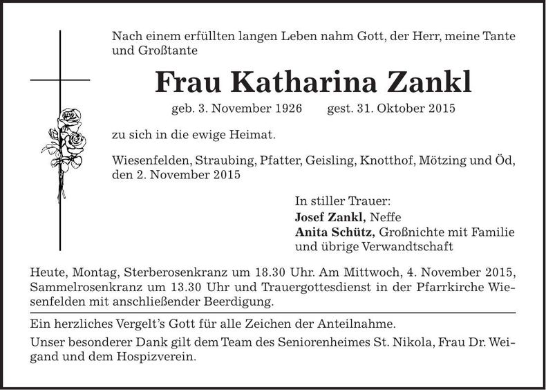 Traueranzeige Katharina Zankl