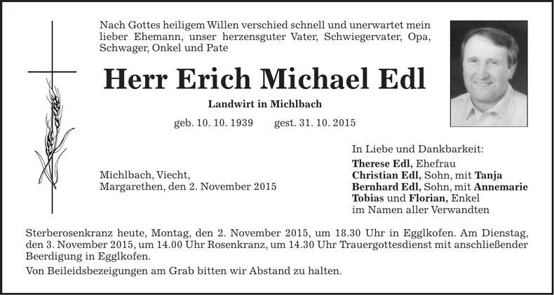 Traueranzeige Erich Michael Edl