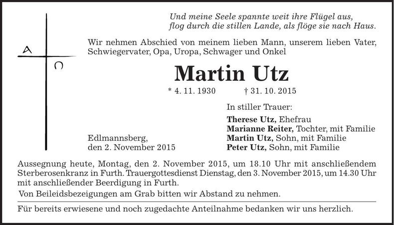 Traueranzeige Martin Utz