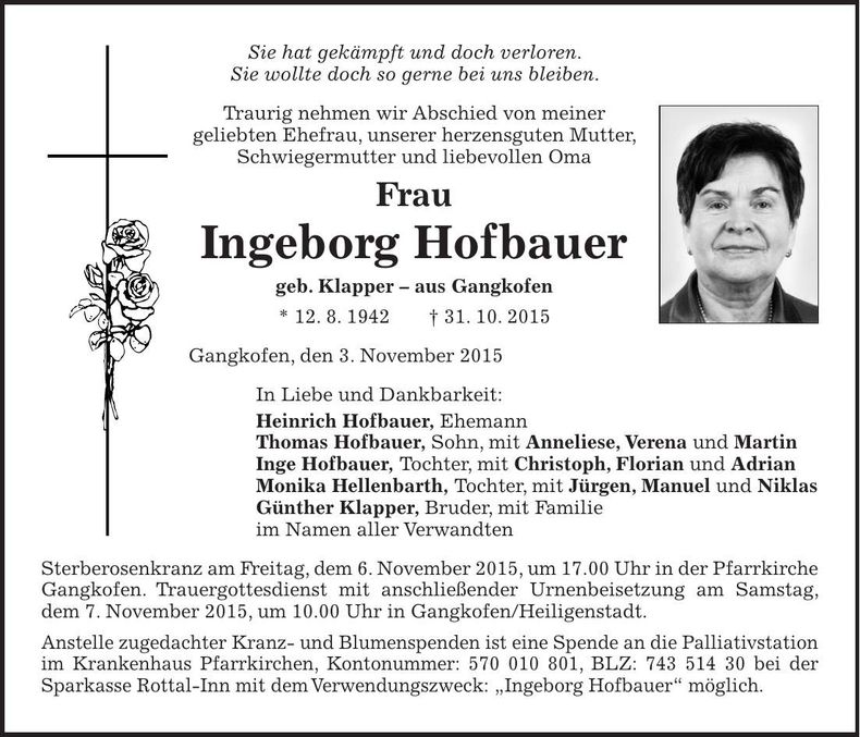 Traueranzeige Ingeborg Hofbauer