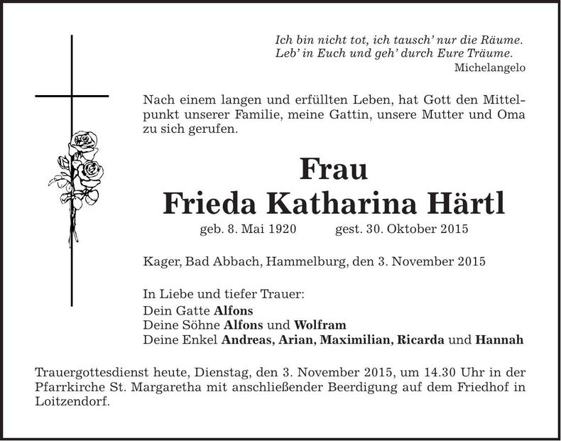 Traueranzeige Frieda Katharina Härtl