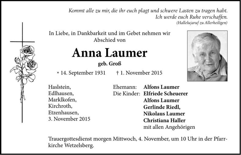 Traueranzeige Anna Laumer