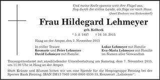 Traueranzeige Hildegard Lehmeyer