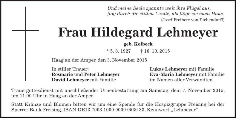 Traueranzeige Hildegard Lehmeyer