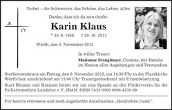 Traueranzeige Karin Klaus