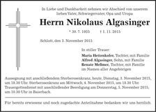Traueranzeige Nikolaus Algasinger