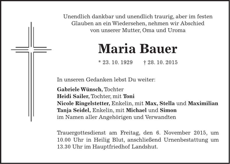 Traueranzeige Maria Bauer