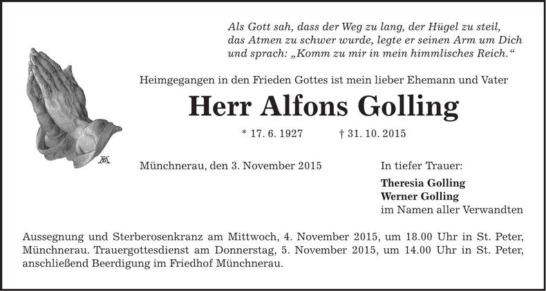 Traueranzeige Alfons Golling