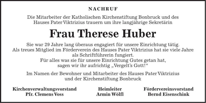 Traueranzeige Therese Huber
