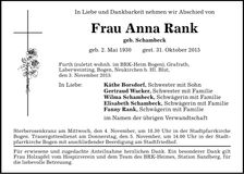 Traueranzeige Anna Rank
