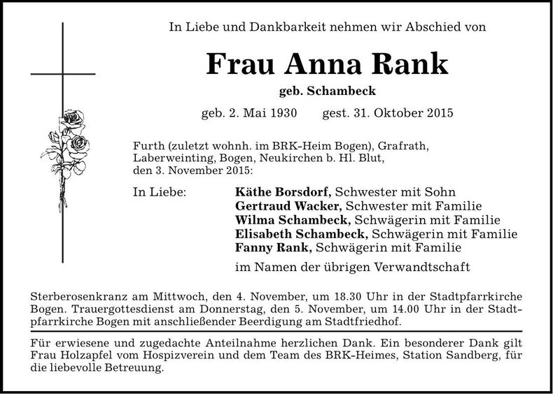 Traueranzeige Anna Rank