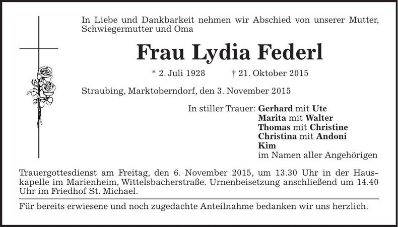 Traueranzeige Lydia Federl
