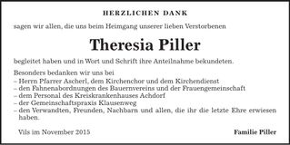 Traueranzeige Theresia Piller