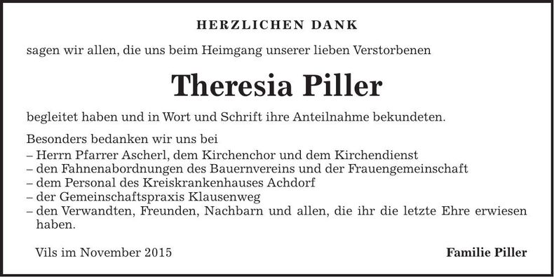 Traueranzeige Theresia Piller