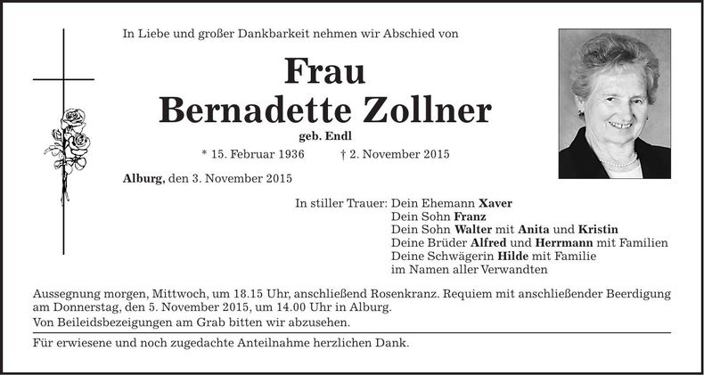 Traueranzeige Bernadette Zollner