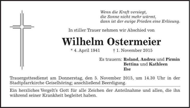 Traueranzeige Wilhelm Ostermeier