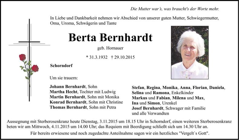Traueranzeige Berta Bernhardt