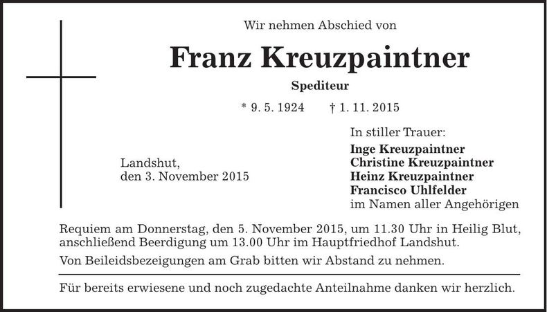 Traueranzeige Franz Kreuzpaintner