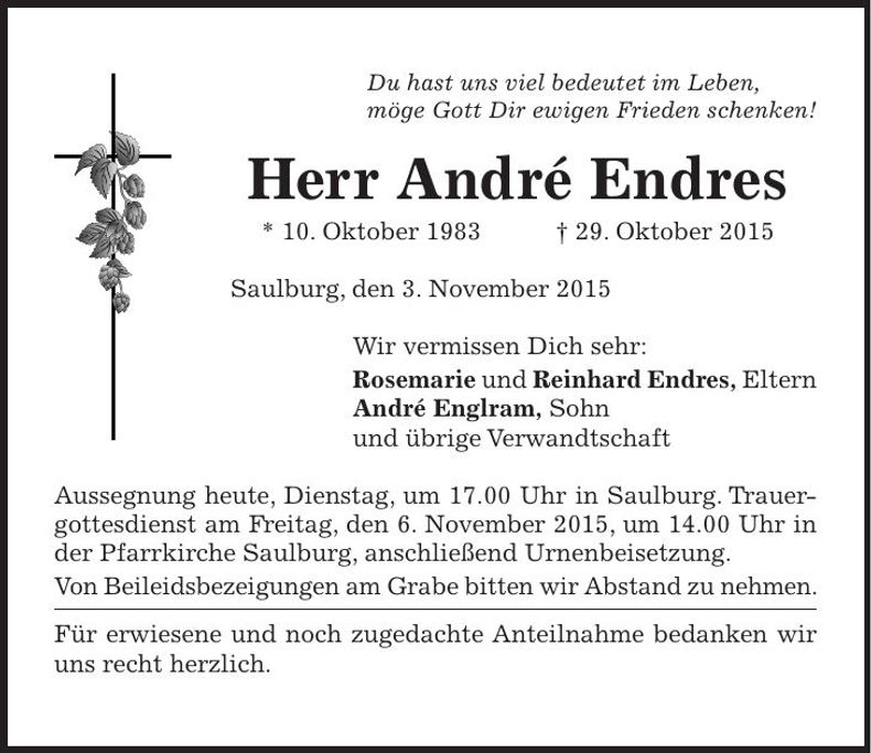 Traueranzeige Andrè Endres