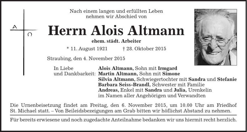 Traueranzeige Alois Altmann